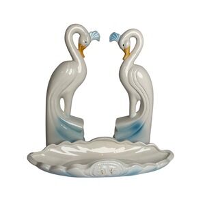 Vintage 1988 Artmark Chicago Ceramic Crane Figurine Console Set White Blue 3pc